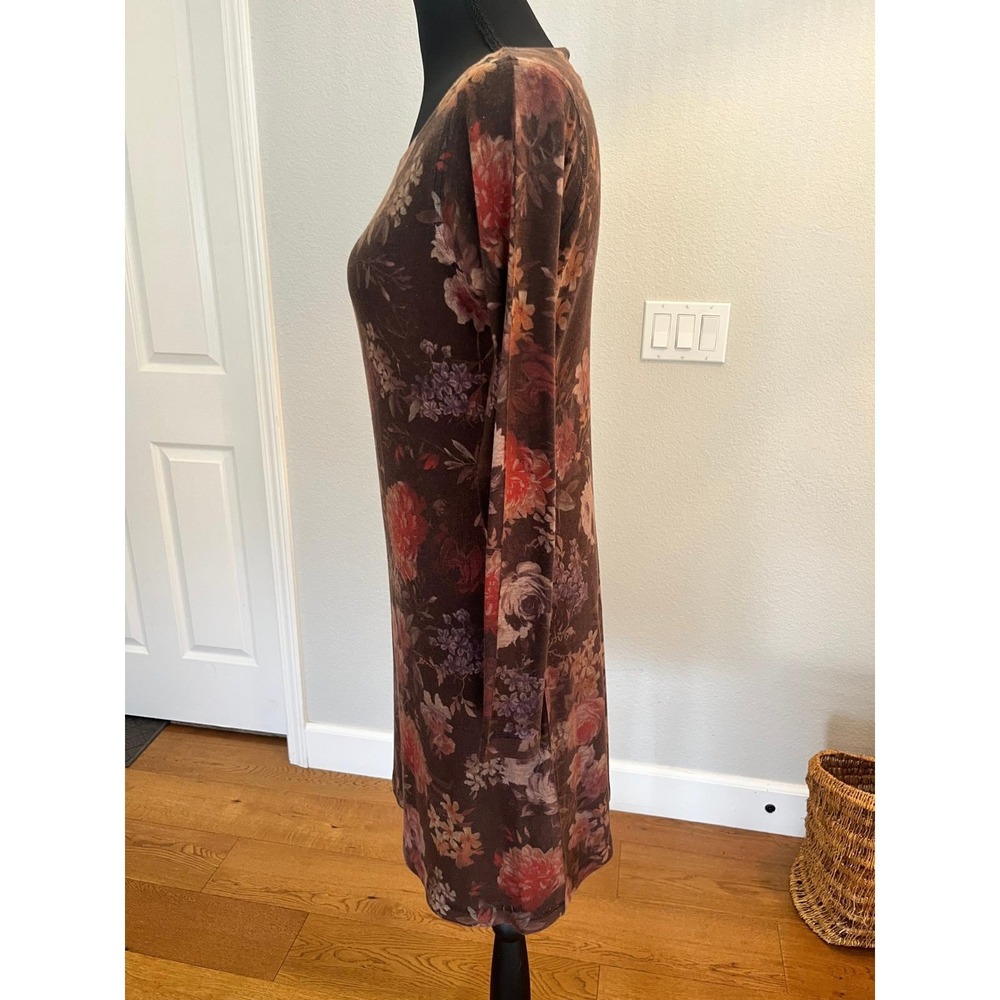 Muted Floral Knit Mini Dress Warm Tone Long Sleeve Scoop Neck Vintage XS - Picture 12 of 13